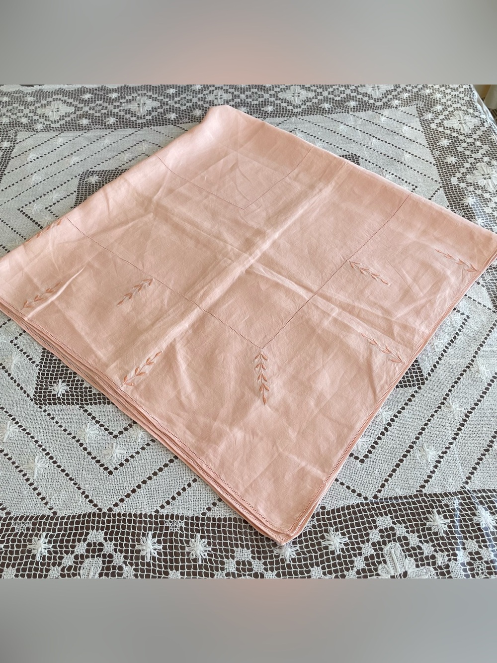 Vintage Mid Century Embroidered Leaf  Peach Linen Cotton Tablecloth - 44x44 in